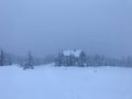 Village house is alone in the taiga. Winter. Snow is in the taig
