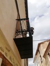 Village house balcony decorated with red hearts Royalty Free Stock Photo