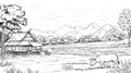 Traditional Asian Village Scene Sketch with Cow and Pond, Rural Landscape Royalty Free Stock Photo