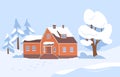 Village house and trees covered with snow. Wintery country landscape with wood home in serene nature in frost. Outside