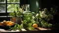 Village house window with fresh lemons and blooming flowers Royalty Free Stock Photo