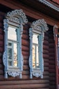 Village house windows with trims, Palekh, Vladimir region, Russia