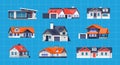 Village houses. Small town cottage, one and two-story rural buildings, cute cartoon suburban real estate house exteriors