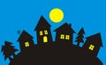 Village with trees and moon, blue background Royalty Free Stock Photo