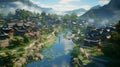 a village with houses and valleys, in the style of whimsical anime, hyper-realistic water