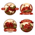 Village icons with cow and mill, barn in field