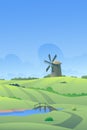 Village illustration. Vector. A windmill stands in a field. Rural landscape. Gradient execution technique. Illustration for packag Royalty Free Stock Photo