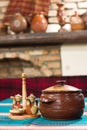 Village interior of table with cup gourmet meal