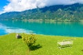 Village Iseltwald at Lake Brienz - beautiful lake in the alps at Interlaken, Switzerland Royalty Free Stock Photo