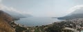 Village of lake Atitlan and San Juan la Lagua on a hazy smoky day Panorama