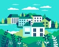 Village landscape flat vector illustration. Buildings, hills, la Royalty Free Stock Photo