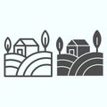 Village landscape line and solid icon. House with field and trees in the countryside. Autumn nature vector design Royalty Free Stock Photo