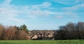 Village landscape in North Yorkshire,United Kingdom, Dec 20, 2022;Panoramic Small town with Country houses behind hill and grass Royalty Free Stock Photo