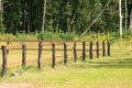 The village landscape. A wooden paddock for animals. Green grass around, in the background forest