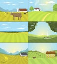 Village landscapes vector illustration farm field and houses agriculture graphic country side Royalty Free Stock Photo