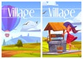 Village life cartoon posters, woman at rural well