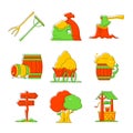 Village life and farming - line design style object set
