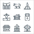 In the village line icons. linear set. quality vector line set such as barn, silo, store, milk, cottage, scarecrow, church,