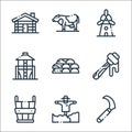 In the village line icons. linear set. quality vector line set such as sickle, scarecrow, bucket, honey, firewood, silo, windmill