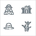 In the village line icons. linear set. quality vector line set such as sugar cane, hat, cottage