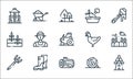 In the village line icons. linear set. quality vector line set such as windmill, wood, rake, bale, boots, wheat, hen, vegetables,