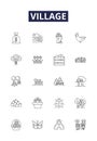 Village line vector icons and signs. hamlet, settlement, homestead, enclave, town, countryside, steading, bally outline