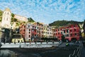 Village of Manarola with houses with colorful facades, typical village of Cinque Terre