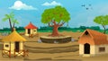 Lovely nature landscape village illustration, with stylish flat design, trees, banner and field