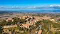 Village of Montepulciano with wonderful architecture and houses. A beautiful old town in Tuscany, Italy. Aerial view of the Royalty Free Stock Photo