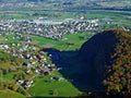 A village of Moos Oberriet SG at the foot of a Alpstein mountain range and in the Rhine river valley Rheintal, Oberriet SG