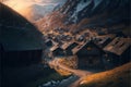 a village with a mountain in the background at sunset or dawn with a road running through it and a few houses on the side