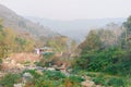 A village in a mountain valley. Landscape Scenery.Rangbang river mountain valley.Tabakoshi West Bengal India Royalty Free Stock Photo