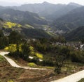 Village in the mountains, the yellow and winding mountain path