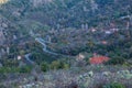 Village and nature. Houses and roofs. Green shrubs. Travel phot