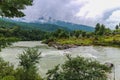 Village near Mangde Chhu (Tongsa River) in Bumthang, Bhutan. Royalty Free Stock Photo