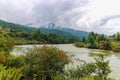 Village near Mangde Chhu (Tongsa River) in Bumthang, Bhutan. Royalty Free Stock Photo