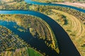 Village Near River, Aerial View Green Forest Woods And River Landscape In Sunny Spring Summer Day. Top View Of Royalty Free Stock Photo