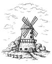 Village near a wheat field and a windmill drawn by hand