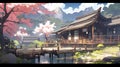 village nestled in the mountains, with traditional japanese houses and cherry blossom tree manga cartoon style by AI generated