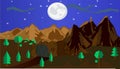 Village Night Background Illustration, Village surrounded by mountains, cave, crow, sky, clouds, moon, rocks, cottage. Royalty Free Stock Photo