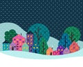 Village, night snow panorama. Houses scenery. Christmas paper cut illustration