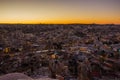 Village night view of Goreme in Cappadocia . Beautiful natural terrain in the evening sky.