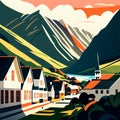 Village in Norway. in flat cartoon style. Landscape with mountains and houses Generative AI