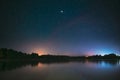 Village Novoye Lyadno, Lyepyel District, Vitebsk Province, Belarus. Real Colorful Night Stars Above Lepel Lake. Natural