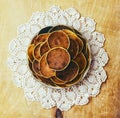Village pancakes on wooden background on patterned napkins