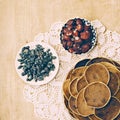 Village pancakes on wooden background on patterned napkins