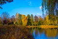Village pond with reflections of colorful trees in the water, an old church in the background and reed in the foreground Royalty Free Stock Photo