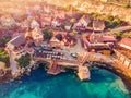 Village Popeye bay panorama Malta sunset, Il-Mellieha. Aerial top view Royalty Free Stock Photo