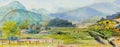 Village and rice field, farmer farm with mountain paintings illustration Royalty Free Stock Photo