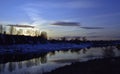 Village by the river. Spring sunset in the Western Urals. Royalty Free Stock Photo